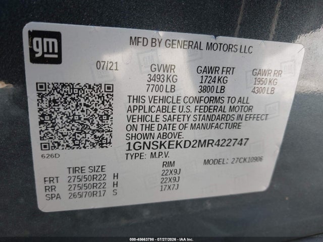 1GNSKEKD2MR422747 Chevrolet Suburban 4wd Rst