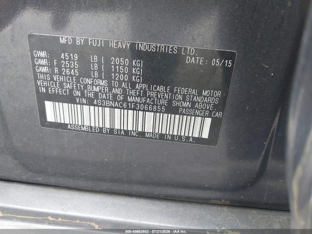 Продажа на аукционе авто 2015 Subaru Legacy 2.5i Premium, vin: 4S3BNAC61F3066855, номер лота: 45663802
