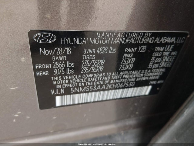 Aukcja sprzedaży 2019 Hyundai Santa Fe Limited 2.0t, vin: 5NMS53AA2KH067530, numer aukcji: 45663812