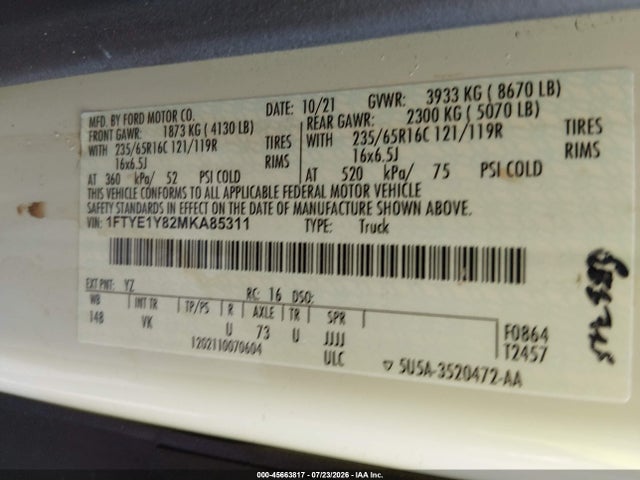 Auction sale of the 2021 Ford Transit-150, vin: 1FTYE1Y82MKA85311, lot number: 45663817