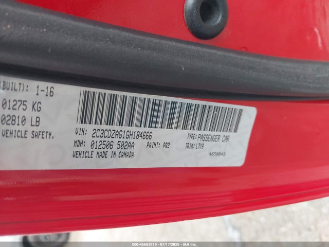 45663819 :رقم المزاد ، 2C3CDZAG1GH184666 vin ، 2016 Dodge Challenger Sxt مزاد بيع