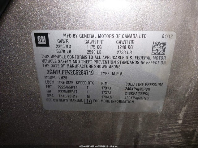 2012 Chevrolet Equinox Lt W/1lt მანქანა იყიდება აუქციონზე, vin: 2GNFLEEK2C6264719, აუქციონის ნომერი: 45663837