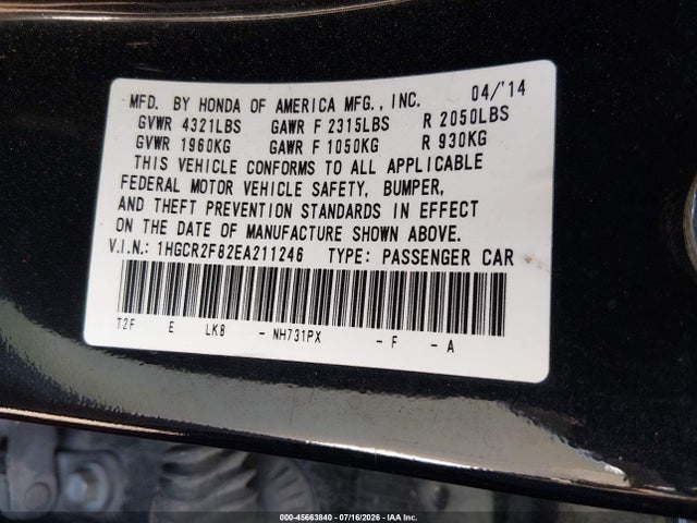 1HGCR2F82EA211246 Honda Accord Ex-l