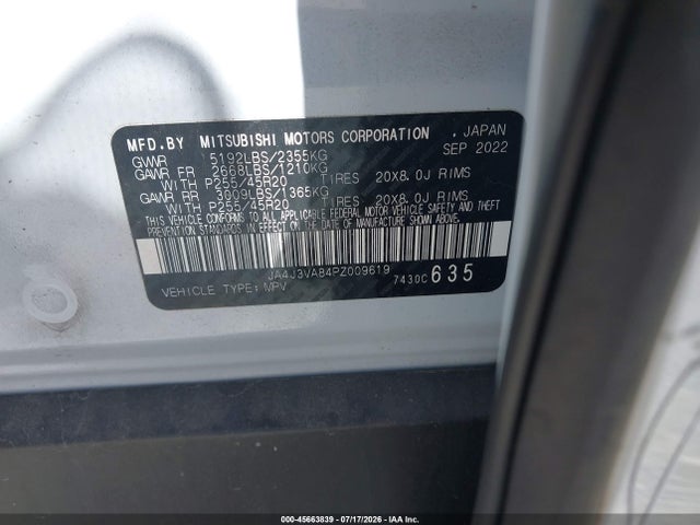 Продаж на аукціоні авто 2023 Mitsubishi Outlander Sel 2.5 2wd/sel Black Edition 2wd, vin: JA4J3VA84PZ009619, номер лоту: 45663839