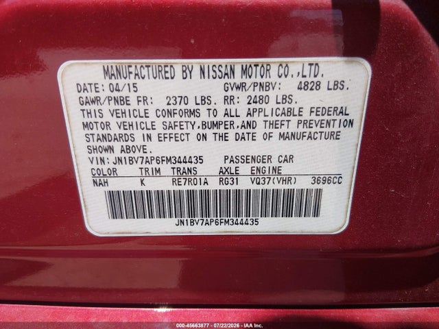 Продаж на аукціоні авто 2015 Infiniti Q50 Premium/sport, vin: JN1BV7AP6FM344435, номер лоту: 45663877