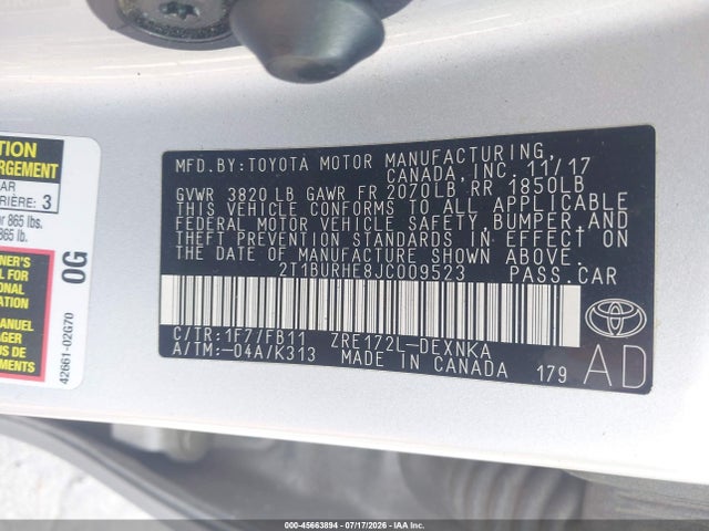 Продажа на аукционе авто 2018 Toyota Corolla Le, vin: 2T1BURHE8JC009523, номер лота: 45663894