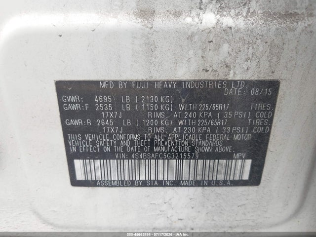 Subaru Outback 2.5i Premium 2016 4S4BSAFC5G3215579 Image 9