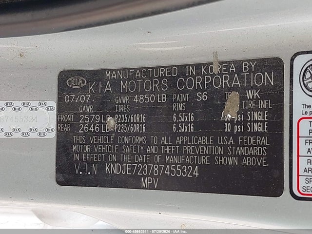 Auction sale of the 2008 Kia Sportage Lx V6, vin: KNDJE723787455324, lot number: 45663911