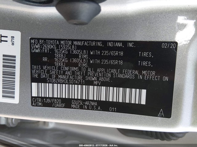 45663913 :رقم المزاد ، 5TDBZRBH3LS014711 vin ، 2020 Toyota Highlander Le مزاد بيع