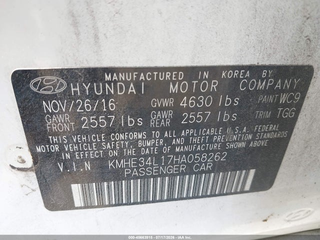 Aukcja sprzedaży 2017 Hyundai Sonata Hybrid Limited, vin: KMHE34L17HA058262, numer aukcji: 45663915