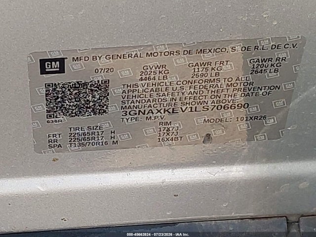Продажа на аукционе авто 2020 Chevrolet Equinox Fwd Lt 1.5l Turbo, vin: 3GNAXKEV1LS706690, номер лота: 45663924