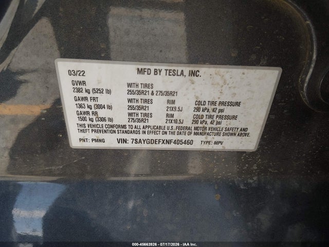Aukcja sprzedaży 2022 Tesla Model Y Performance Dual Motor All-wheel Drive, vin: 7SAYGDEFXNF405460, numer aukcji: 45663926