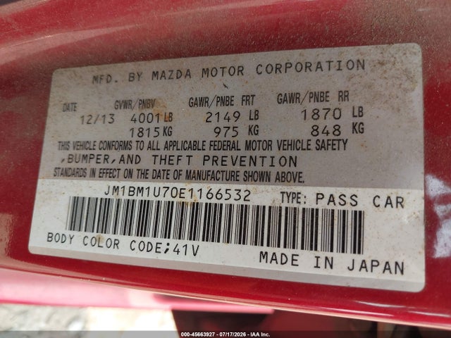 2014 Mazda Mazda3 I Sport მანქანა იყიდება აუქციონზე, vin: JM1BM1U70E1166532, აუქციონის ნომერი: 45663927