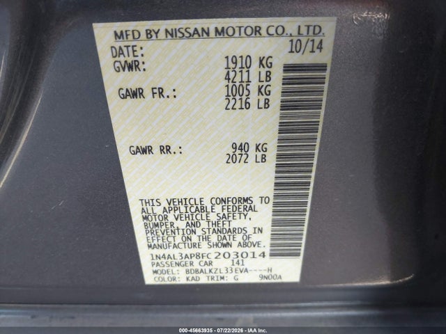 Nissan Altima 2.5 Sv 2015 1N4AL3AP8FC203014 Image 9