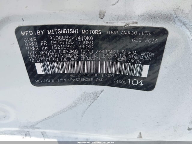 Продажа на аукционе авто 2017 Mitsubishi Mirage G4 Es, vin: ML32F3FJ9HHF17003, номер лота: 45663951