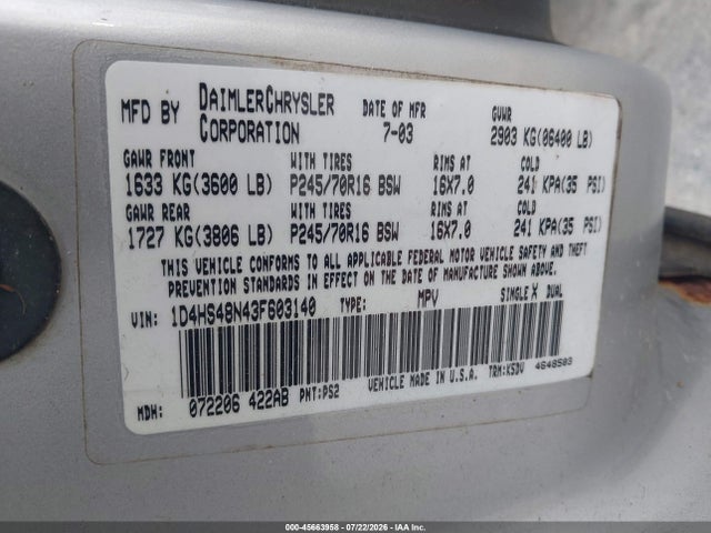Продаж на аукціоні авто 2003 Dodge Durango Slt, vin: 1D4HS48N43F603140, номер лоту: 45663958