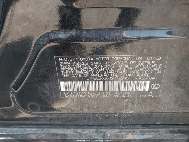 Aukcja sprzedaży 2008 Lexus Is 350, vin: JTHBE262882015245, numer aukcji: 45663971