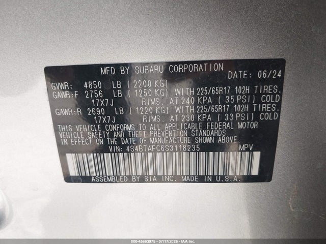 45663975 :رقم المزاد ، 4S4BTAFC6S3118235 vin ، 2025 Subaru Outback Premium مزاد بيع