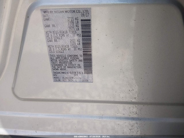 Продаж на аукціоні авто 2018 Nissan Pathfinder Sv, vin: 5N1DR2MM1JC608363, номер лоту: 45663983