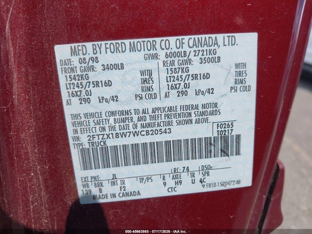 45663985 :رقم المزاد ، 2FTZX18W7WCB20543 vin ، 1998 Ford F-150 Lariat/standard/xl/xlt مزاد بيع