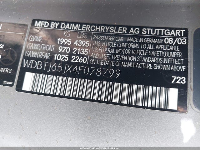 Продаж на аукціоні авто 2004 Mercedes-benz Clk 320, vin: WDBTJ65JX4F078799, номер лоту: 45663990