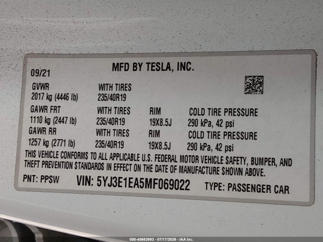 Tesla Model 3 Standard Range Plus Rear-wheel Drive 2021 5YJ3E1EA5MF069022 Image 9