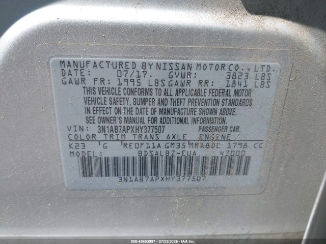 Продажа на аукционе авто 2017 Nissan Sentra S, vin: 3N1AB7APXHY377507, номер лота: 45663997