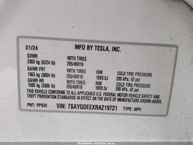 Aukcja sprzedaży 2024 Tesla Model Y Long Range Dual Motor All-wheel Drive, vin: 7SAYGDEEXRA219721, numer aukcji: 45664004