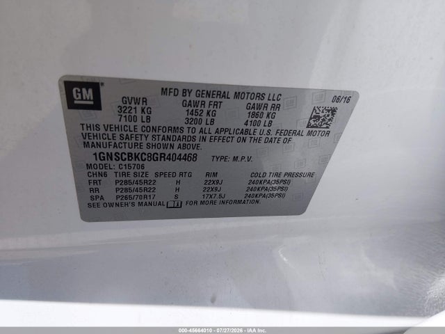 2016 Chevrolet Tahoe Lt მანქანა იყიდება აუქციონზე, vin: 1GNSCBKC8GR404468, აუქციონის ნომერი: 45664010