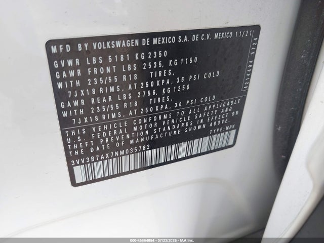Aukcja sprzedaży 2022 Volkswagen Tiguan 2.0t Se, vin: 3VV3B7AX7NM035782, numer aukcji: 45664054