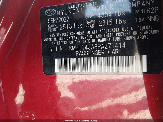 Aukcja sprzedaży 2023 Hyundai Sonata Sel, vin: KMHL14JA8PA271414, numer aukcji: 45664069