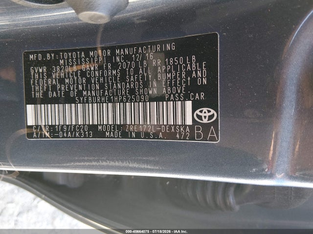Продажа на аукционе авто 2017 Toyota Corolla Se, vin: 5YFBURHE1HP625090, номер лота: 45664075