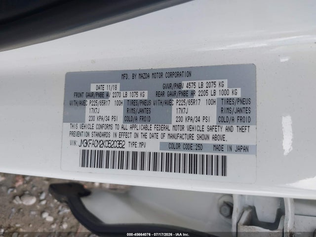 45664076 :رقم المزاد ، JM3KFACM2K0520352 vin ، 2019 Mazda Cx-5 Touring مزاد بيع