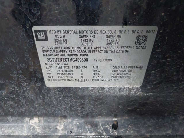 45664077 :رقم المزاد ، 3GTU2NEC7HG409390 vin ، 2017 Gmc Sierra 1500 Slt مزاد بيع
