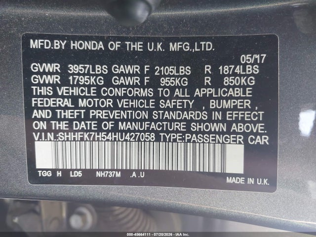 SHHFK7H54HU427058 Honda CIVIC EX
