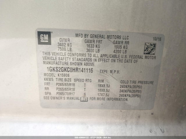 45664122 :رقم المزاد ، 1GKS2GKC0HR141116 vin ، 2017 Gmc Yukon Xl Slt مزاد بيع