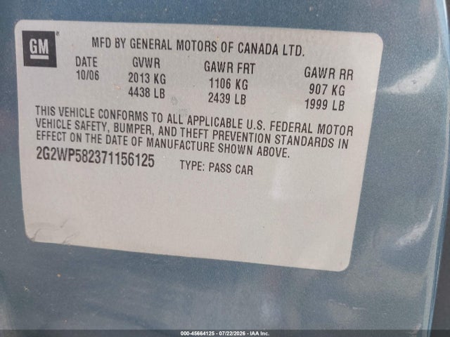 Aukcja sprzedaży 2007 Pontiac Grand Prix, vin: 2G2WP582371156125, numer aukcji: 45664125
