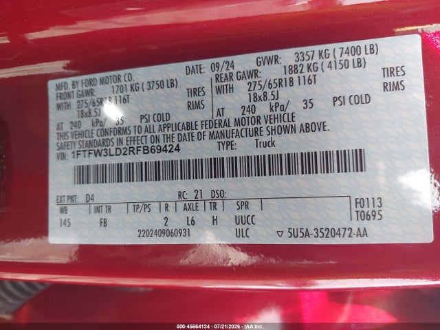 45664134 :رقم المزاد ، 1FTFW3LD2RFB69424 vin ، 2024 Ford F-150 Xlt مزاد بيع