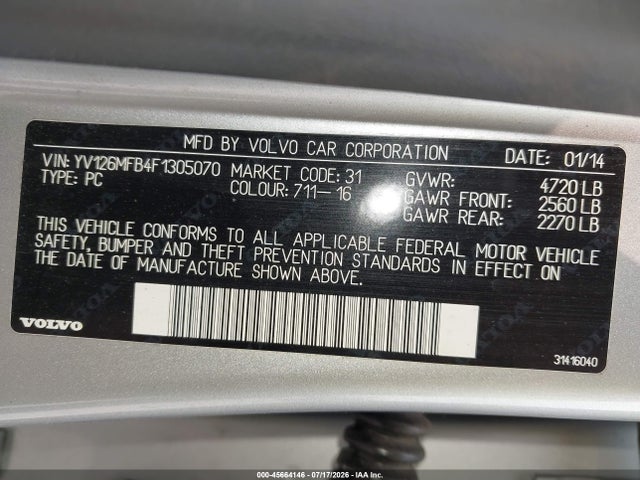 45664146 :رقم المزاد ، YV126MFB4F1305070 vin ، 2015 Volvo S60 T5 Premier مزاد بيع