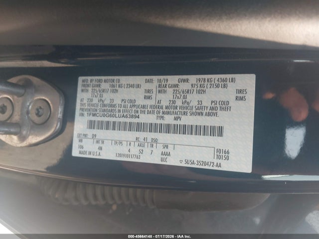 Aukcja sprzedaży 2020 Ford Escape Se, vin: 1FMCU0G60LUA63894, numer aukcji: 45664148