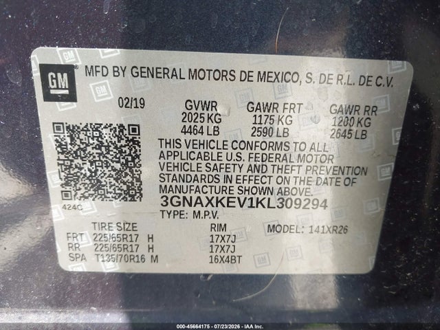 2019 Chevrolet Equinox Lt მანქანა იყიდება აუქციონზე, vin: 3GNAXKEV1KL309294, აუქციონის ნომერი: 45664175