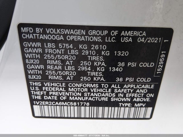 1V2ER2CA6MC581776 Volkswagen Atlas 3.6l V6 Sel