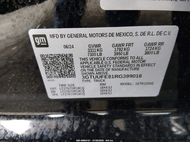 Продаж на аукціоні авто 2024 Gmc Sierra 1500 4wd  Short Box At4x, vin: 3GTUUFE81RG399016, номер лоту: 45664181