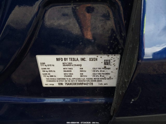 45664198 :رقم المزاد ، 7SAXCDE59RF442178 vin ، 2024 Tesla Model X Long Range مزاد بيع