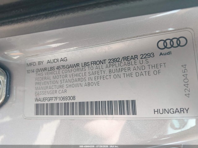 45664209 :رقم المزاد ، WAUEFGFF7F1069308 vin ، 2015 Audi A3 2.0t Premium مزاد بيع