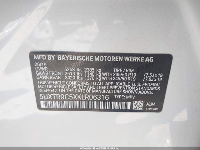2019 Bmw X3 Xdrive30i მანქანა იყიდება აუქციონზე, vin: 5UXTR9C5XKLR06316, აუქციონის ნომერი: 45664237