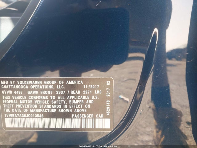 45664238 :رقم المزاد ، 1VWBA7A36JC013548 vin ، 2018 Volkswagen Passat 2.0t Se مزاد بيع