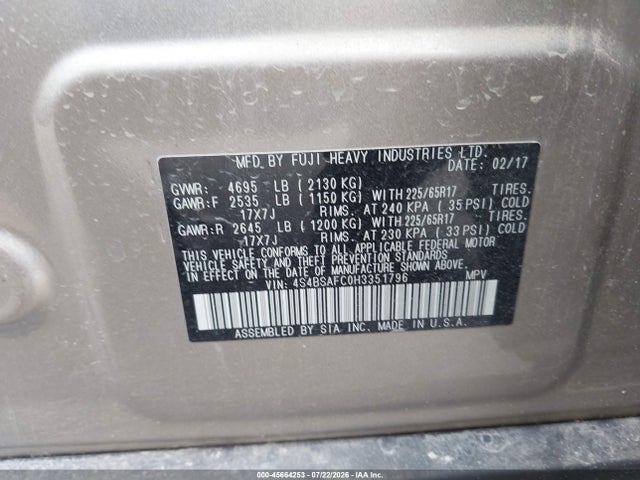 2017 Subaru Outback 2.5i Premium მანქანა იყიდება აუქციონზე, vin: 4S4BSAFC0H3351796, აუქციონის ნომერი: 45664253