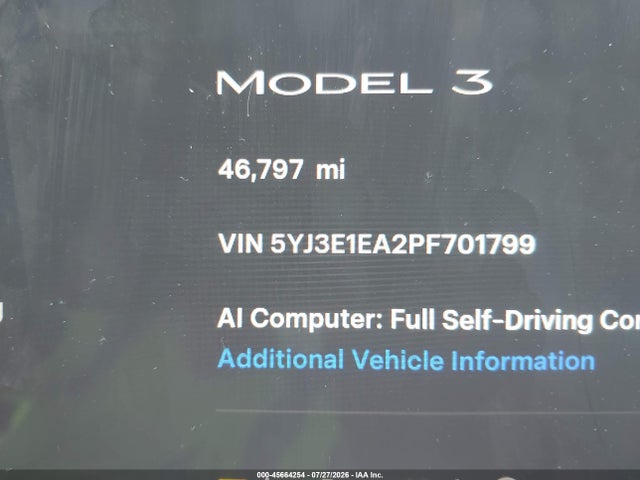 Продаж на аукціоні авто 2023 Tesla Model 3 Rear-wheel Drive, vin: 5YJ3E1EA2PF701799, номер лоту: 45664254