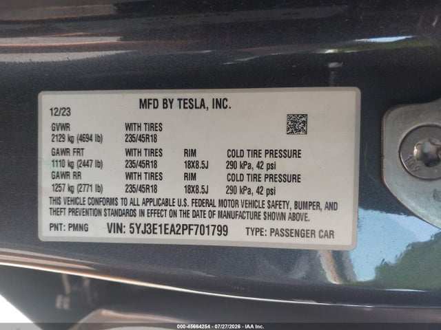 Продаж на аукціоні авто 2023 Tesla Model 3 Rear-wheel Drive, vin: 5YJ3E1EA2PF701799, номер лоту: 45664254